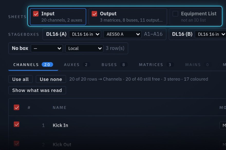 IO Patch import screen: Input and Output sheets ticked, stageboxes set, 20 channels read