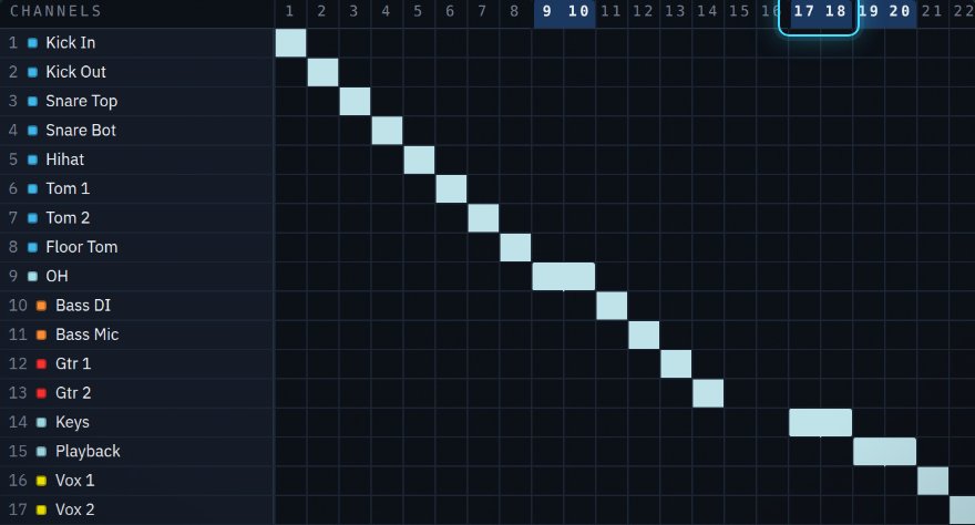 IO Patch patch grid: channels down the side, patched sockets lit along the diagonal